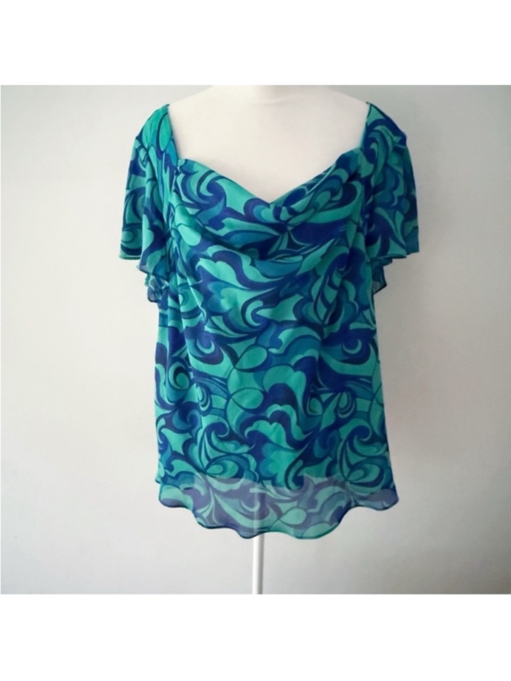 Vintage Women Y2K Sheer Flutter Sleeve Cowl Short Sleeve Top 22W Artsy Office